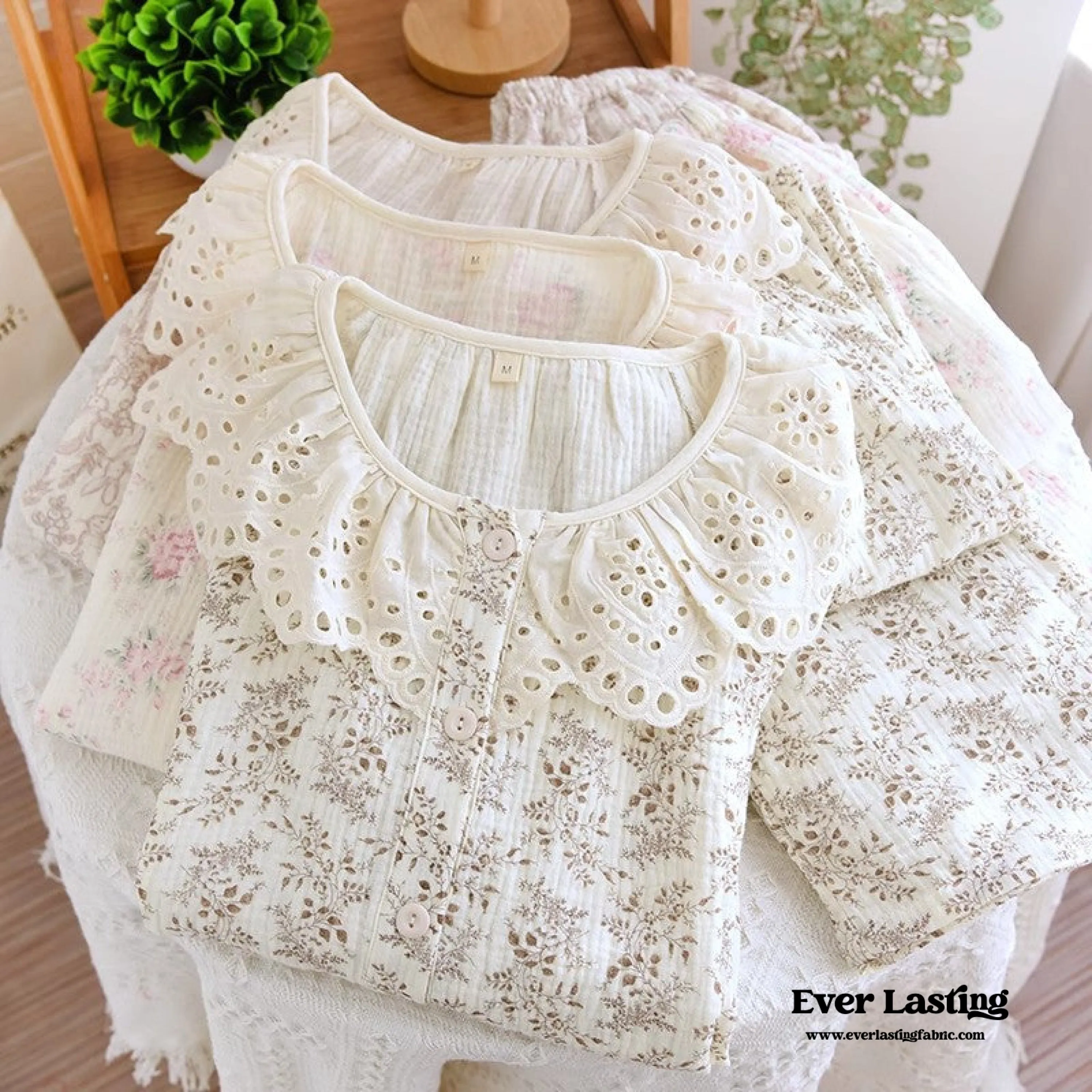 Lace Collar Long Sleeve and Long Pants Cotton Pajamas Set