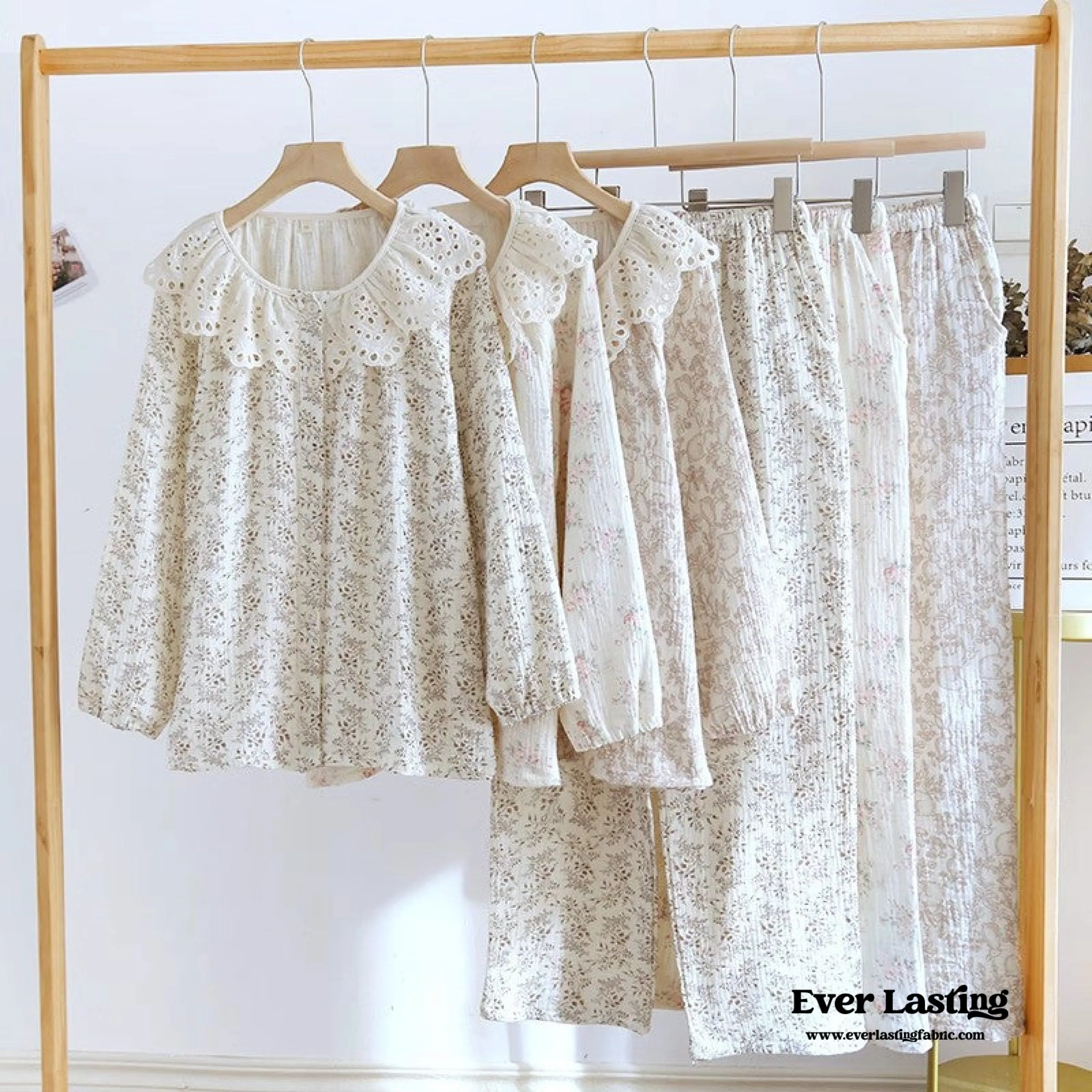 Lace Collar Long Sleeve and Long Pants Cotton Pajamas Set