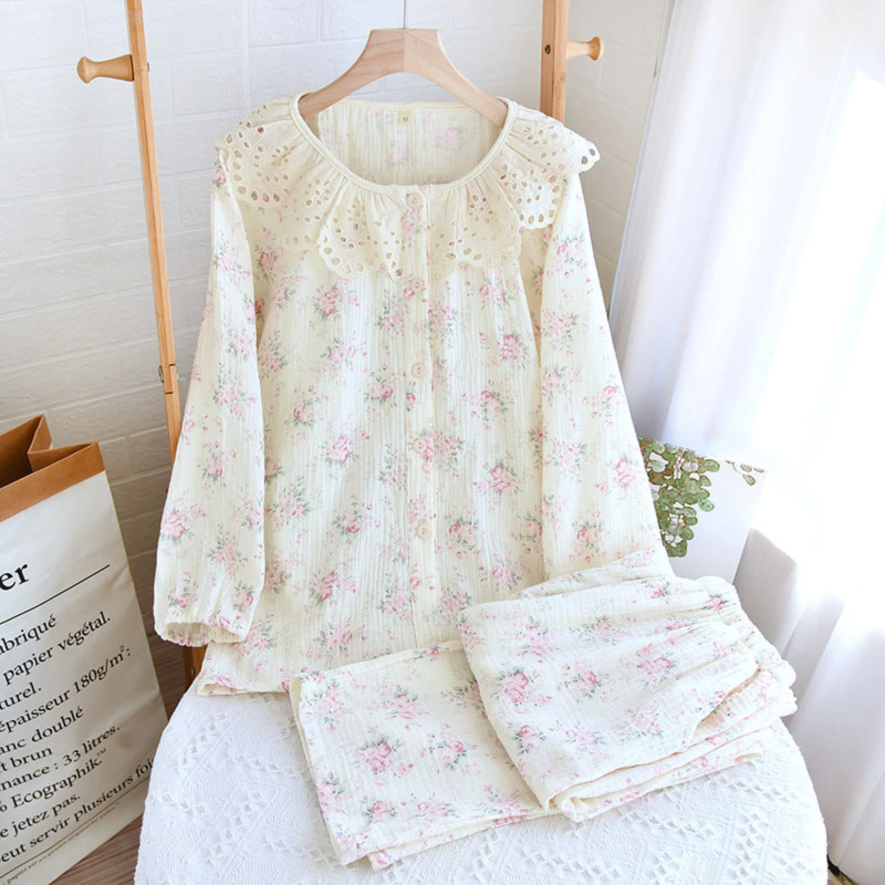 Lace Collar Long Sleeve and Long Pants Cotton Pajamas Set