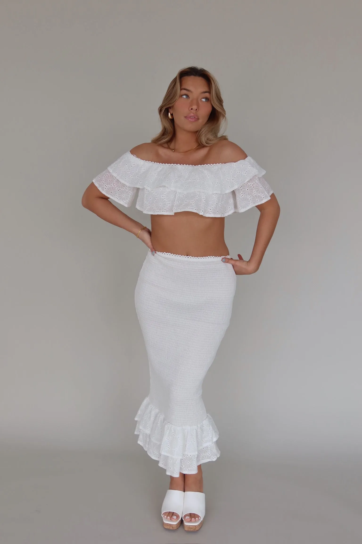 Lace Eyelet Top and Midi Skirt Set