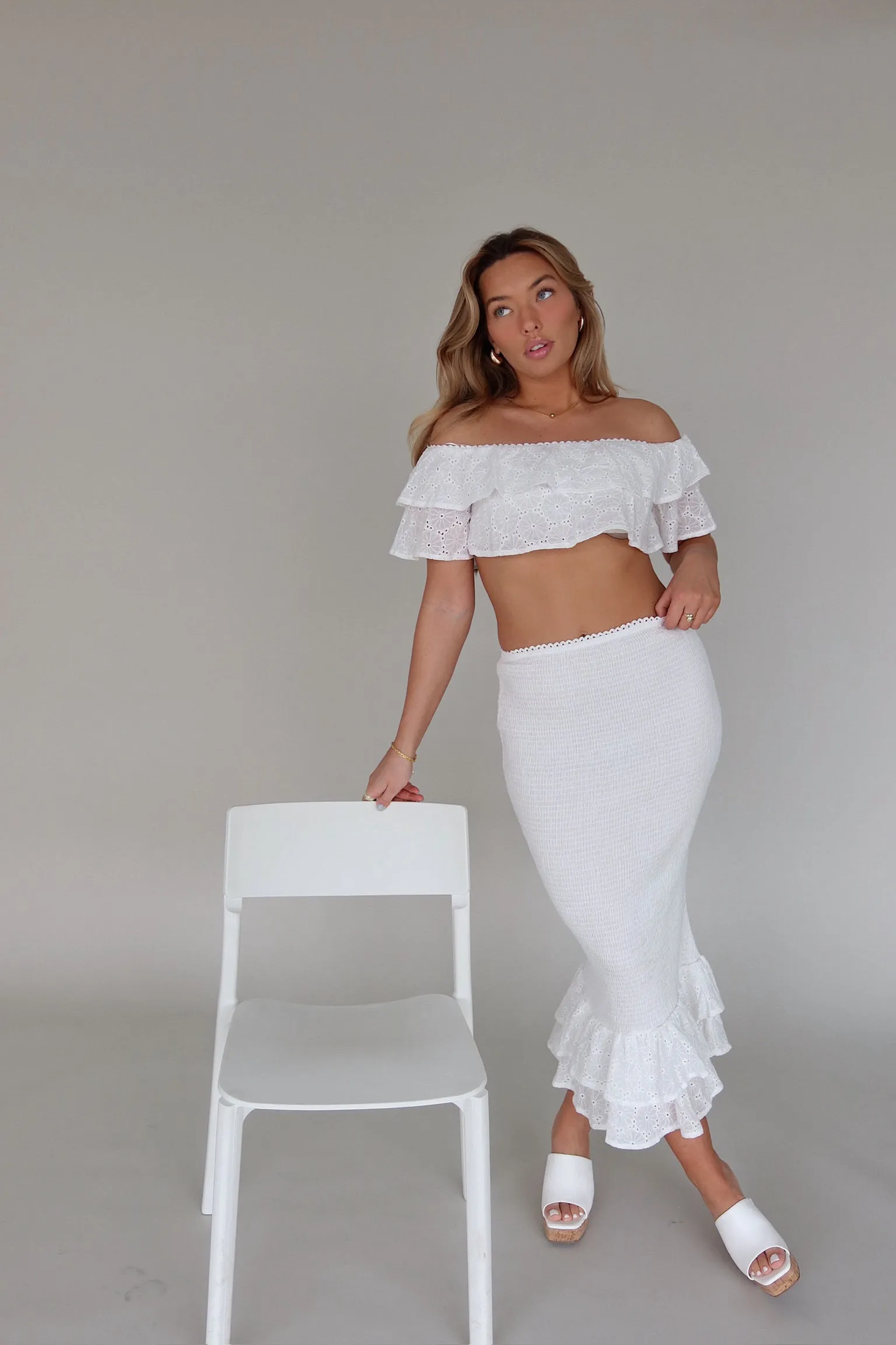 Lace Eyelet Top and Midi Skirt Set