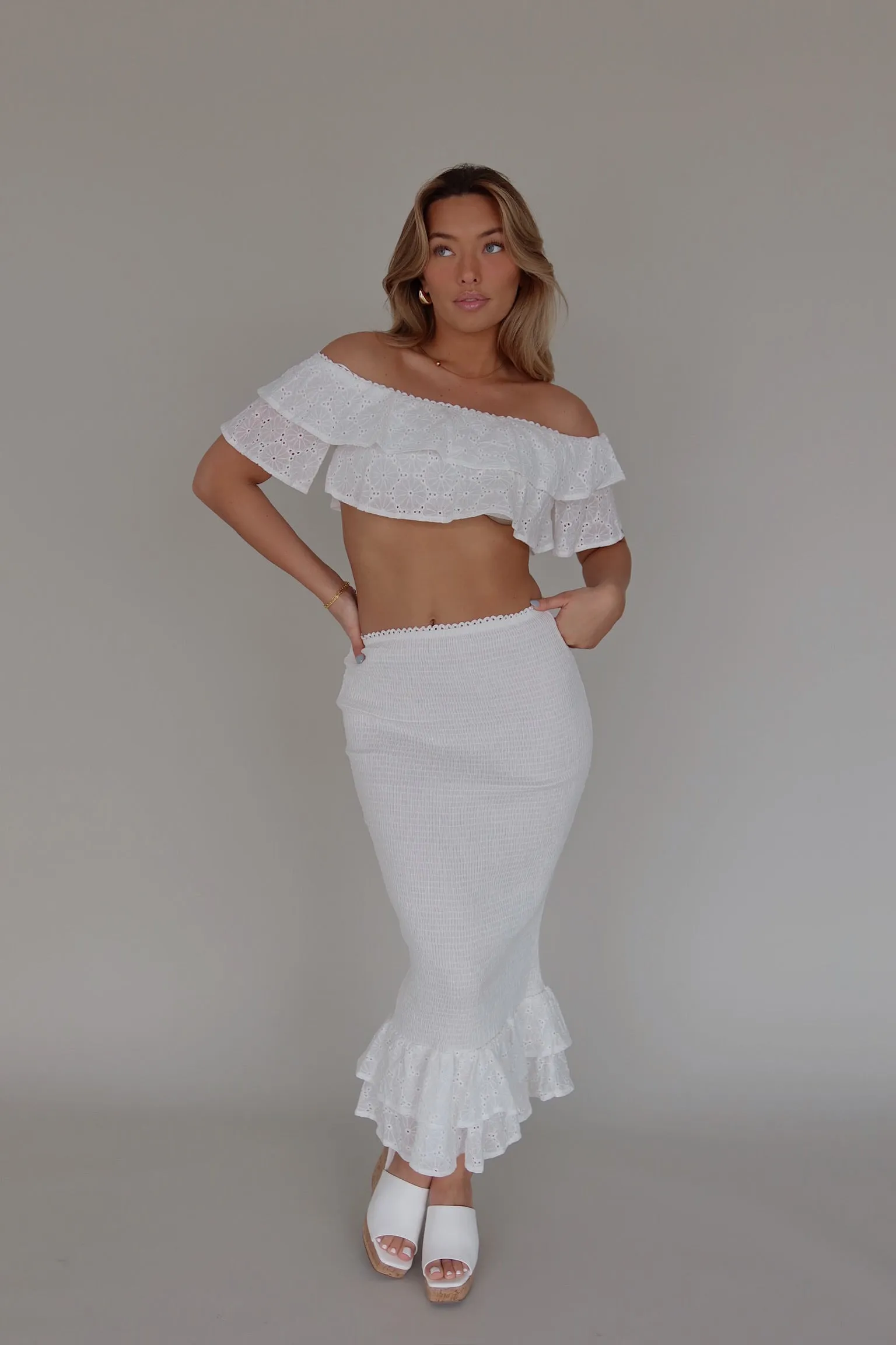 Lace Eyelet Top and Midi Skirt Set