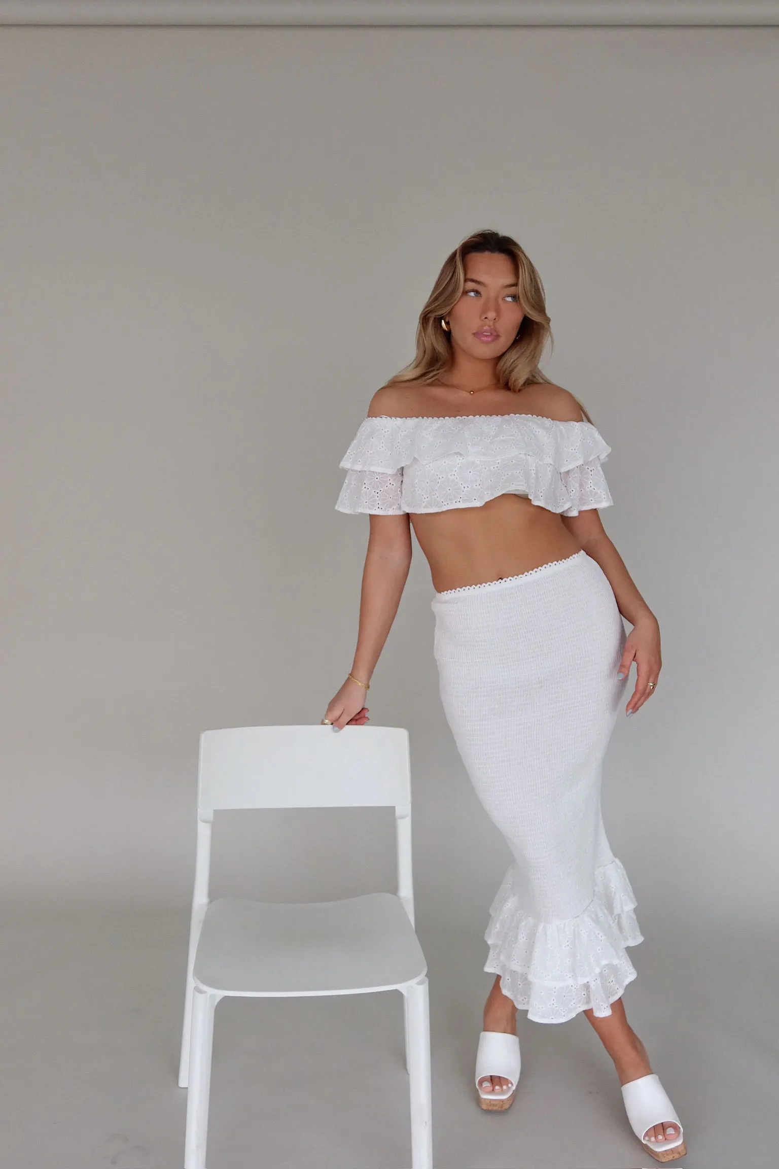 Lace Eyelet Top and Midi Skirt Set