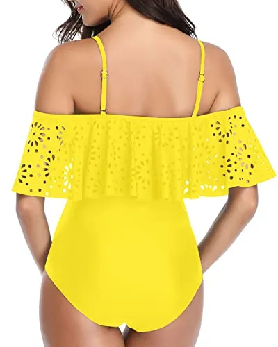 Lace Hollow Out Ruffle Flounce Off Shoulder 1 Piece Swimsuits For Women-Neon Yellow