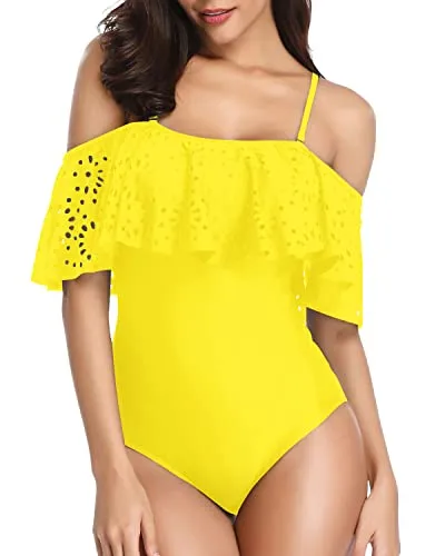 Lace Hollow Out Ruffle Flounce Off Shoulder 1 Piece Swimsuits For Women-Neon Yellow