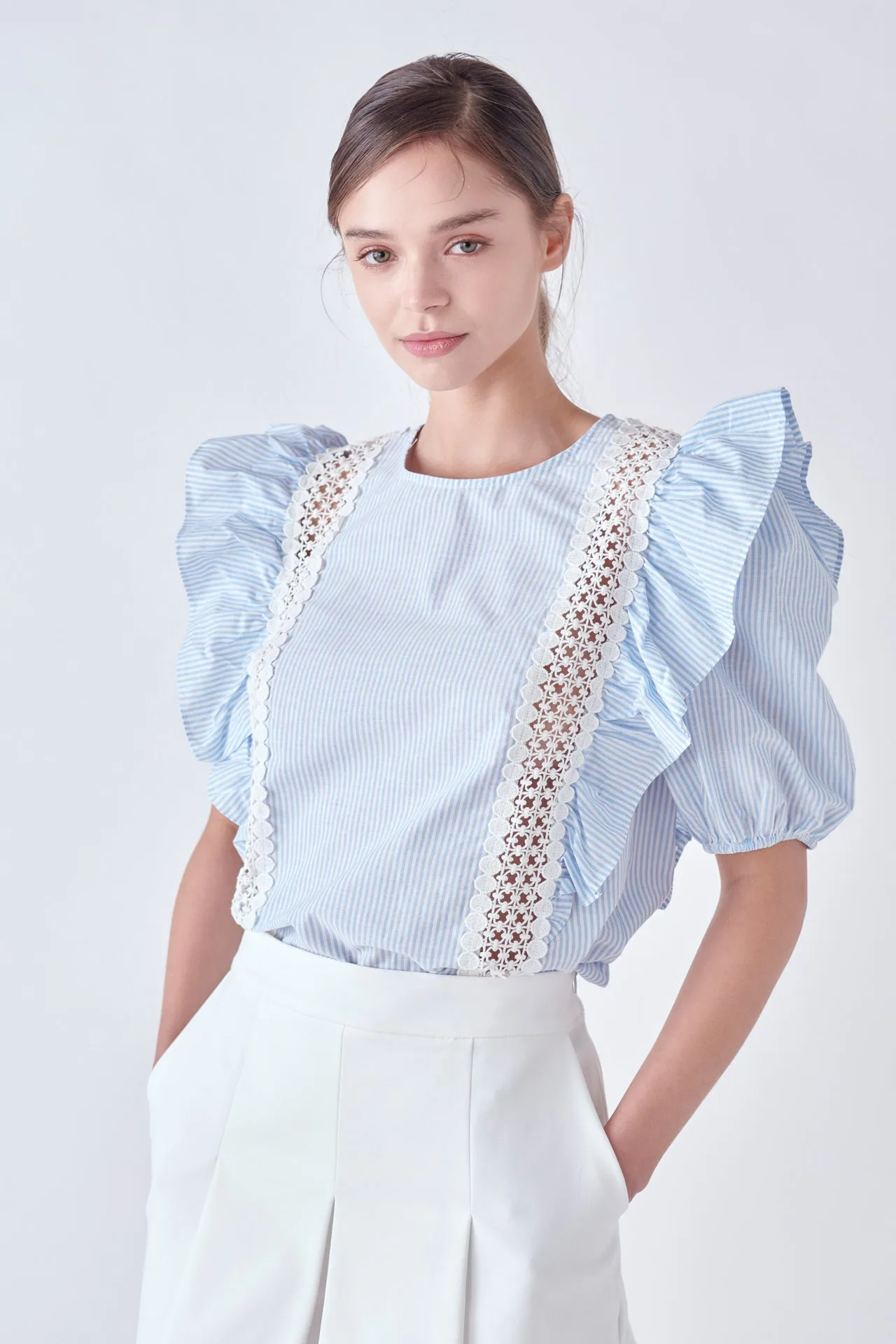 Lace Inserted Top with Puff Sleeves