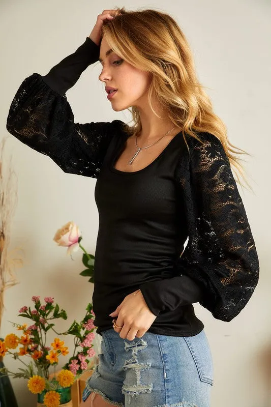 Lace Puff Long Sleeve Top