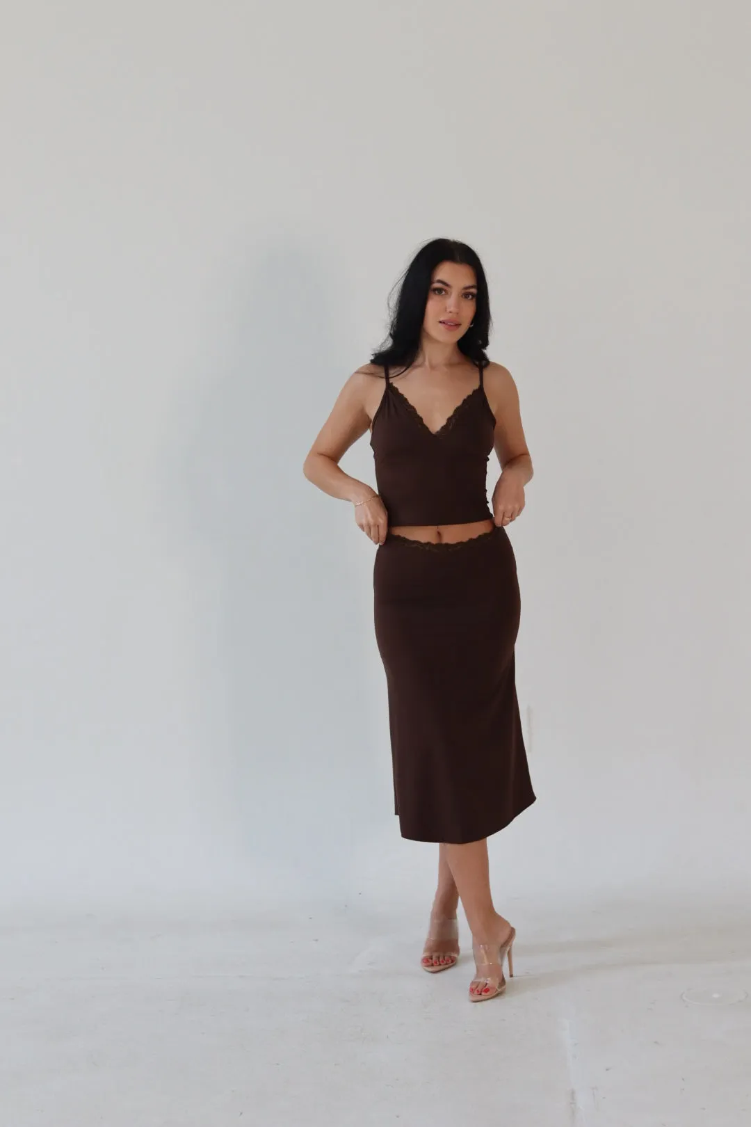 Lace Trim Midi Skirt Set