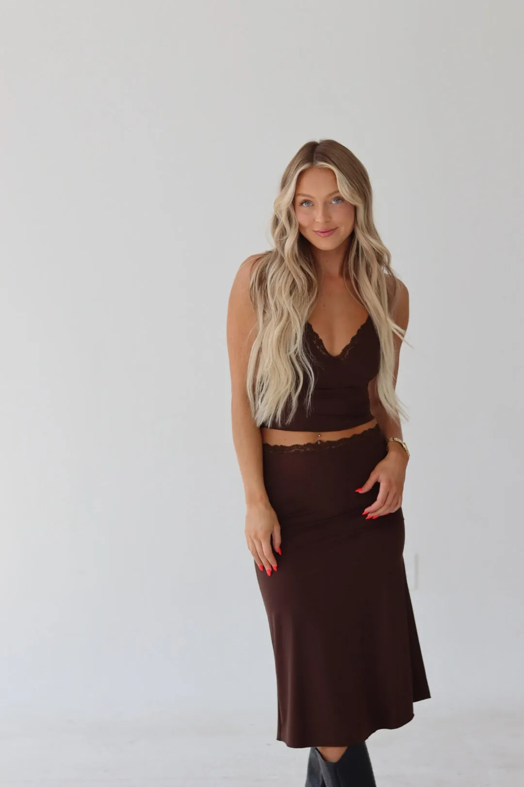 Lace Trim Midi Skirt Set