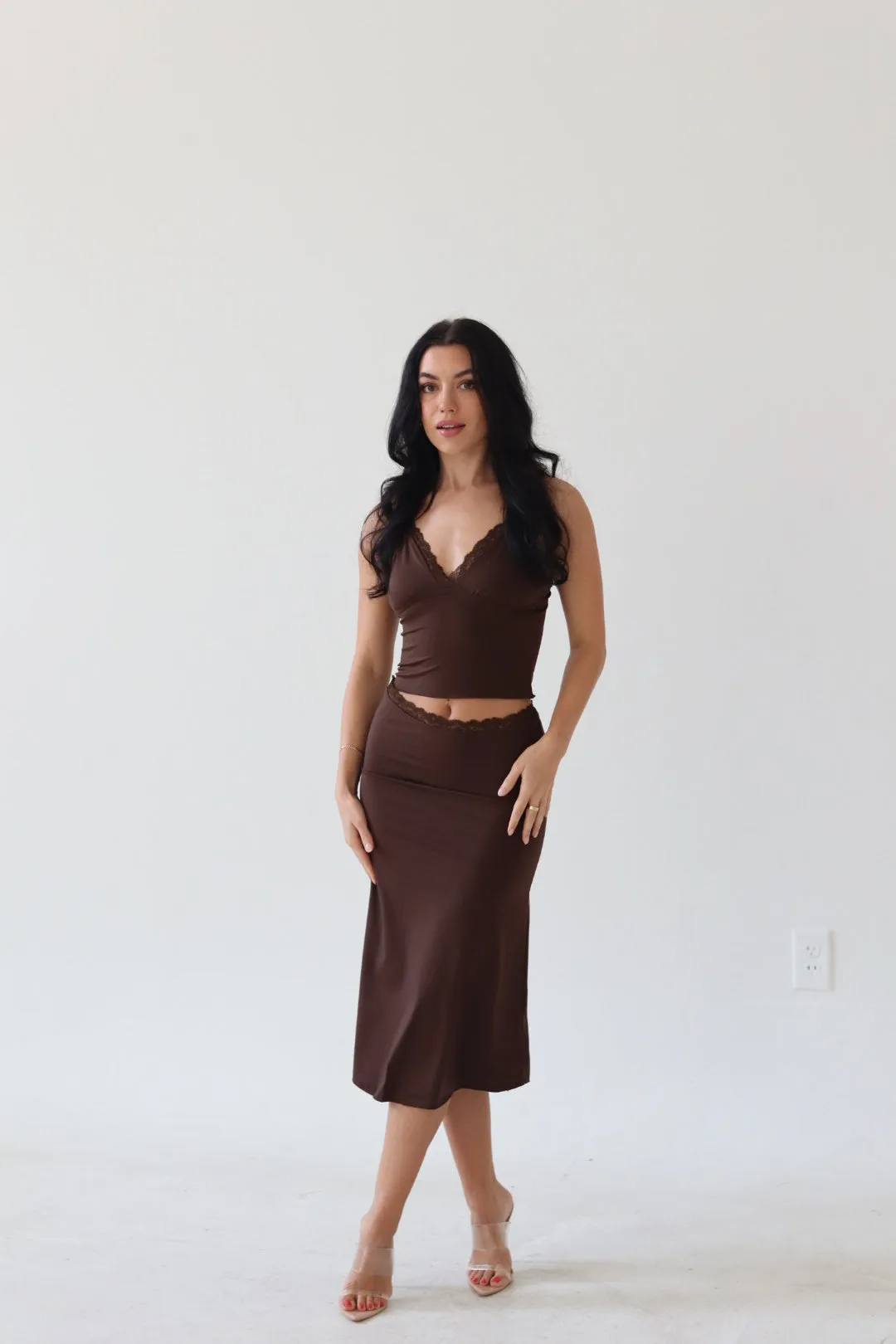 Lace Trim Midi Skirt Set