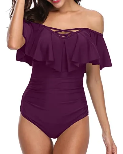 Lace Up Criss Cross One Piece Swimsuit Full Body Swimsuit For Women-Maroon