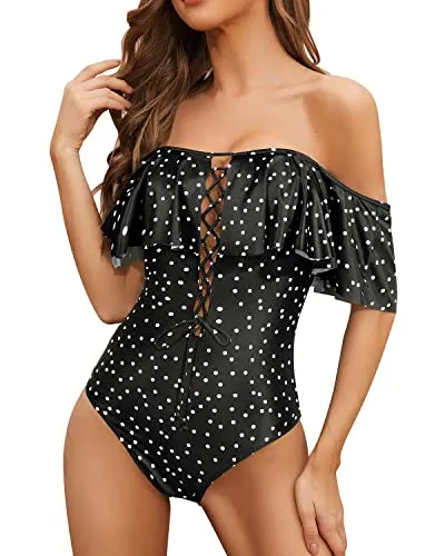 Lace Up Ruffled Bathing Suit For Longer Torso One Piece Swimsuit-Black White Dot