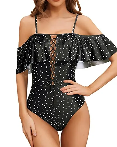 Lace Up Ruffled Bathing Suit For Longer Torso One Piece Swimsuit-Black White Dot