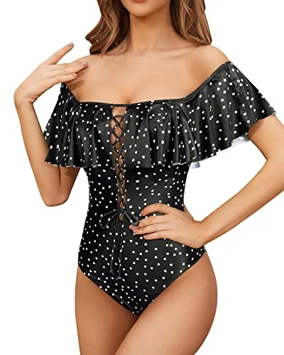 Lace Up Ruffled Bathing Suit For Longer Torso One Piece Swimsuit-Black White Dot