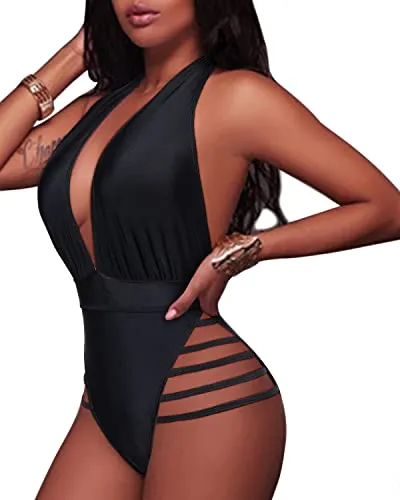 Lace Up Ruffled Off Shoulder Flounce Plunge Deep V Neck One Piece Swimsuits-Black