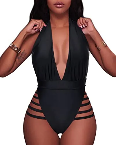 Lace Up Ruffled Off Shoulder Flounce Plunge Deep V Neck One Piece Swimsuits-Black