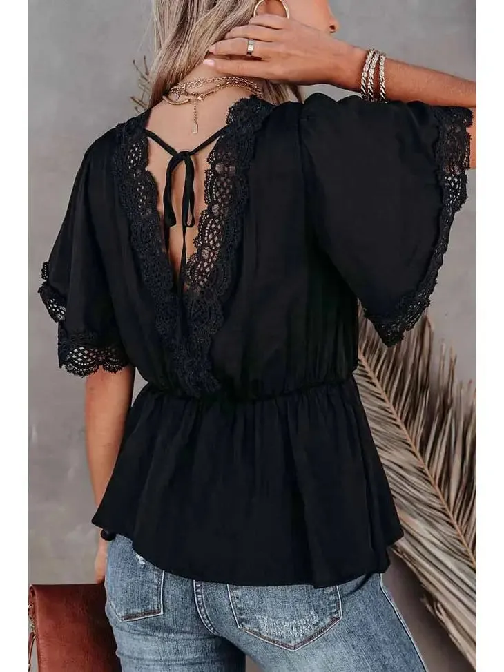 Lace V Neck Ruffled Blouse