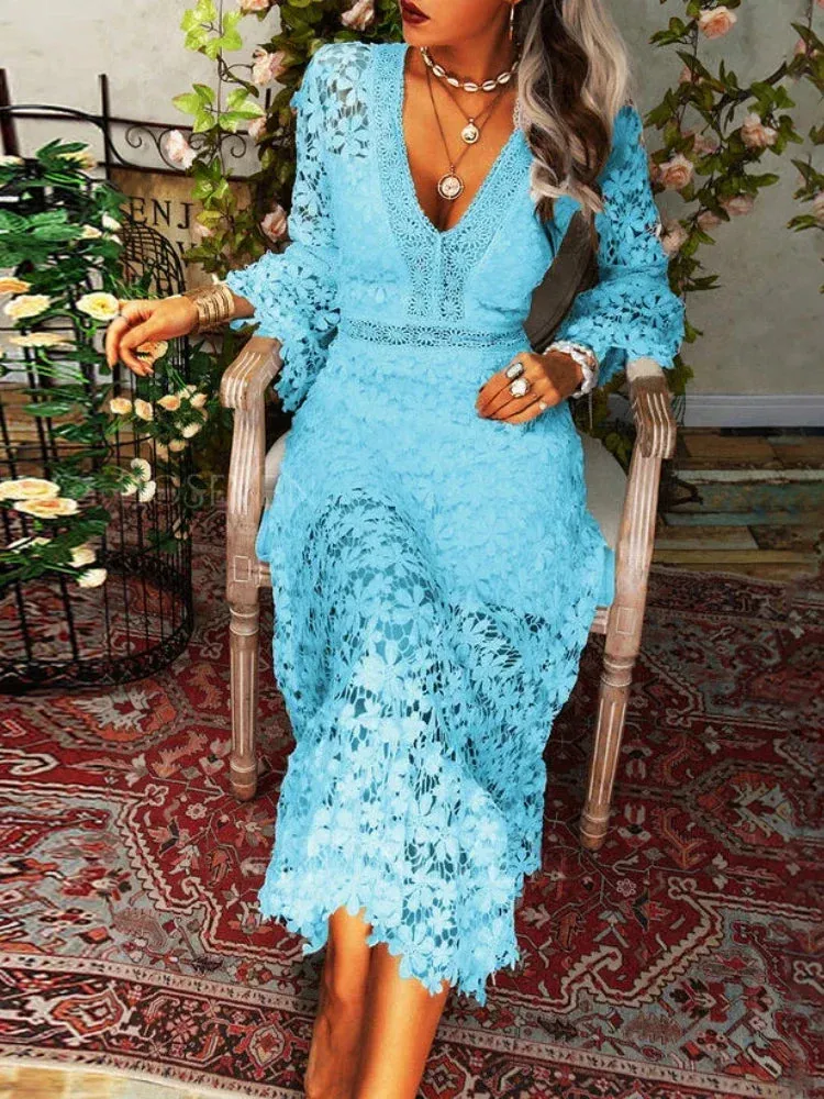Lace V-neck Transparent Frock Women Flare Sleeve Hollow Out Sexy Lady Streetwear Party Elegant Lace Dress