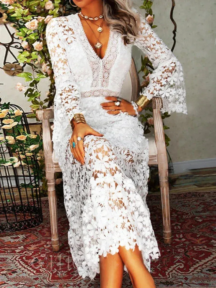 Lace V-neck Transparent Frock Women Flare Sleeve Hollow Out Sexy Lady Streetwear Party Elegant Lace Dress