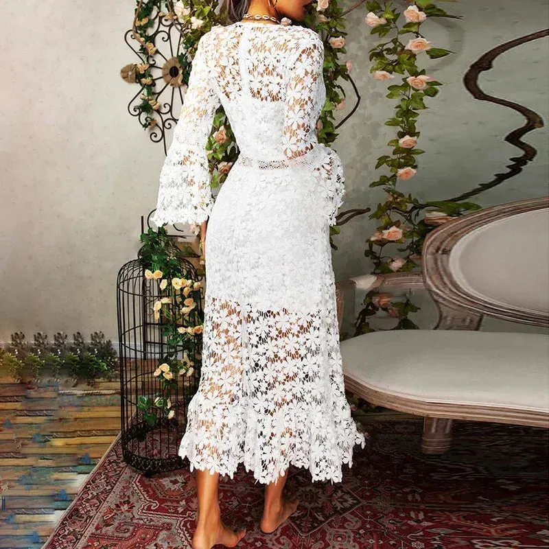 Lace V-neck Transparent Frock Women Flare Sleeve Hollow Out Sexy Lady Streetwear Party Elegant Lace Dress