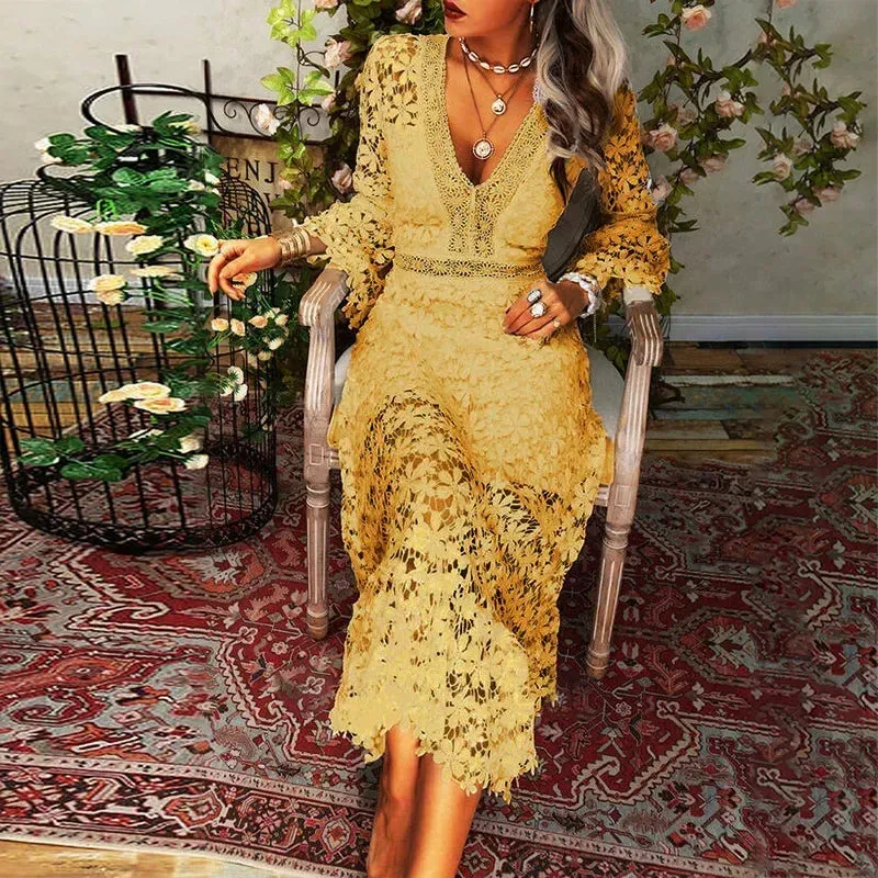 Lace V-neck Transparent Frock Women Flare Sleeve Hollow Out Sexy Lady Streetwear Party Elegant Lace Dress