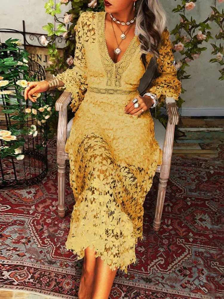 Lace V-neck Transparent Frock Women Flare Sleeve Hollow Out Sexy Lady Streetwear Party Elegant Lace Dress