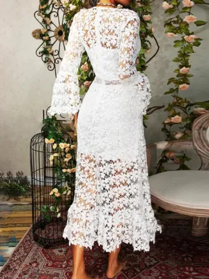 Lace V-neck Transparent Frock Women Flare Sleeve Hollow Out Sexy Lady Streetwear Party Elegant Lace Dress