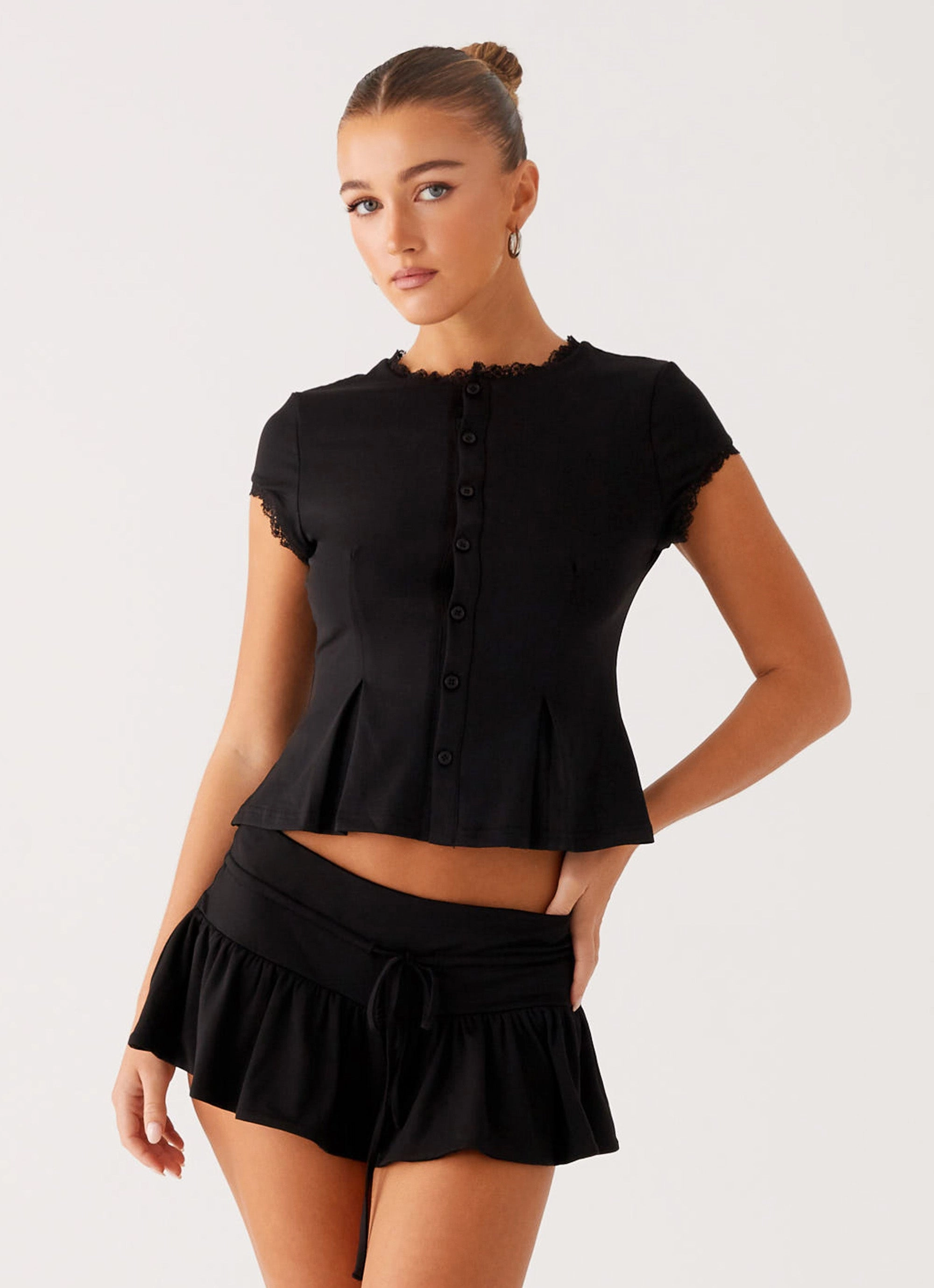 Hidden Zipper Reinforced Seams Landon Button Up Top - Black