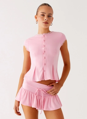 Landon Button Up Top - Pink LightweightFabric Layered Neckline Details Landon Button Up Top - Pink