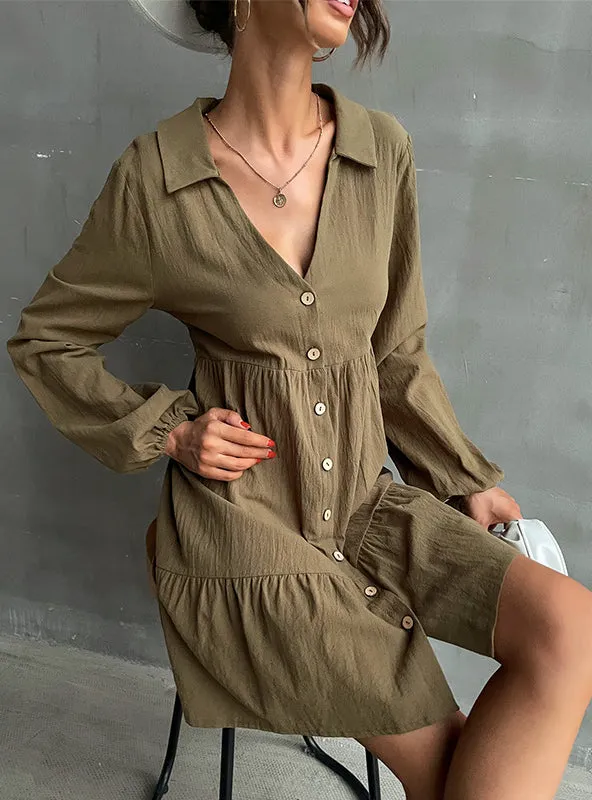 Lapel Long Sleeve Button Shirt Dress