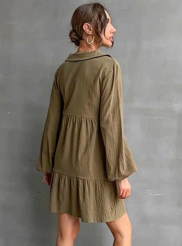 Lapel Long Sleeve Button Shirt Dress