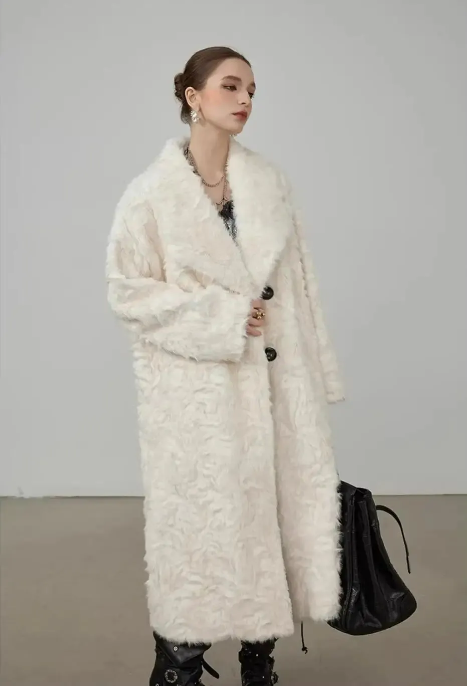 Large Lapel Shaggy Faux Fur Long Jacket