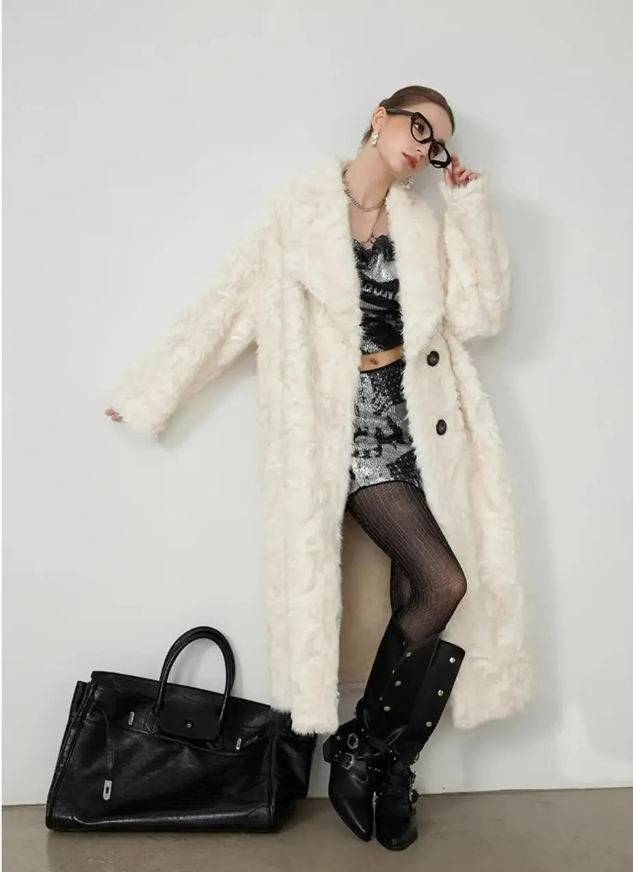 Large Lapel Shaggy Faux Fur Long Jacket