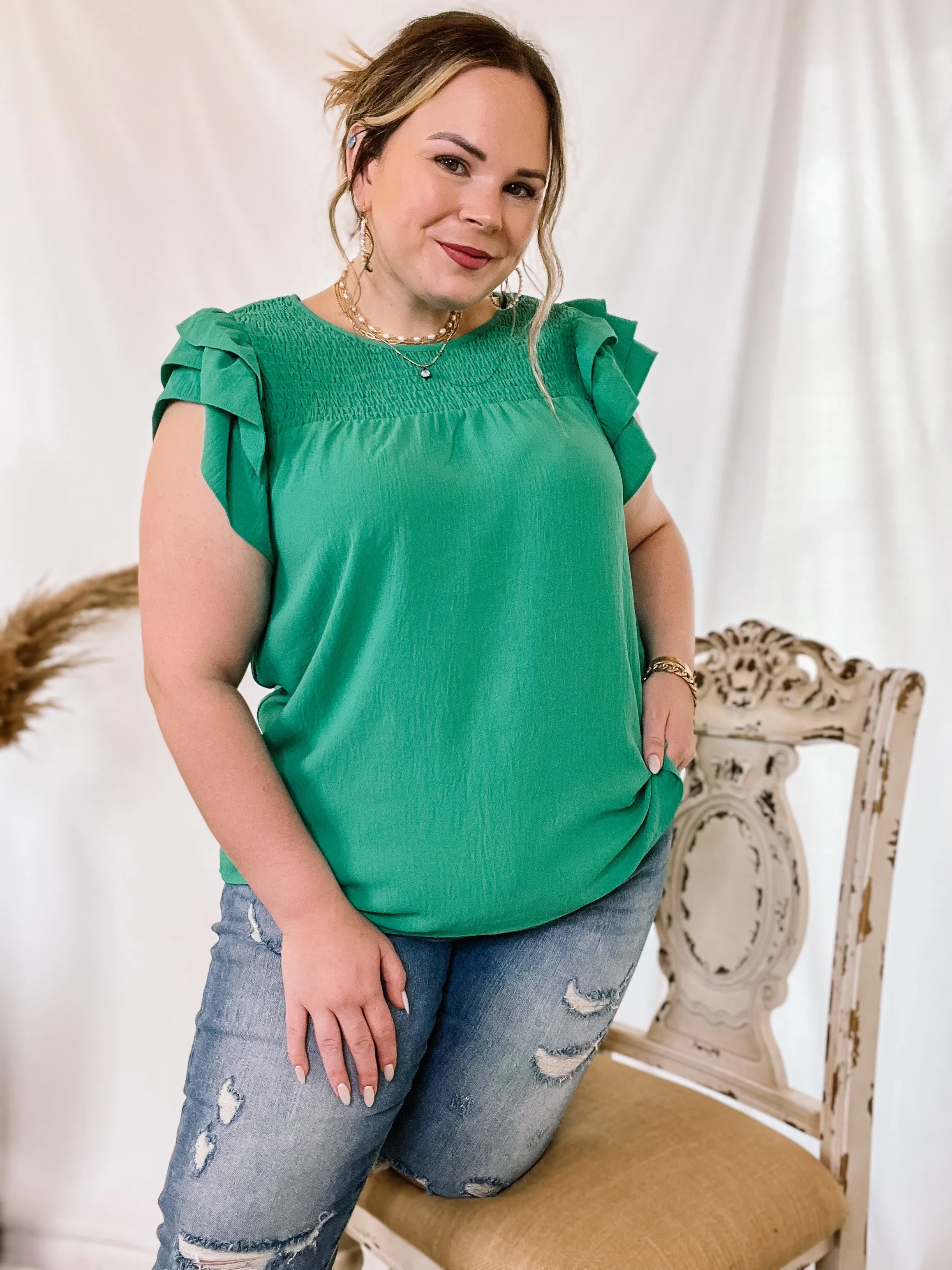 Last Chance Size Small & 3XL | Balcony Nights Ruffle Shoulder Cap Sleeve Blouse in Green