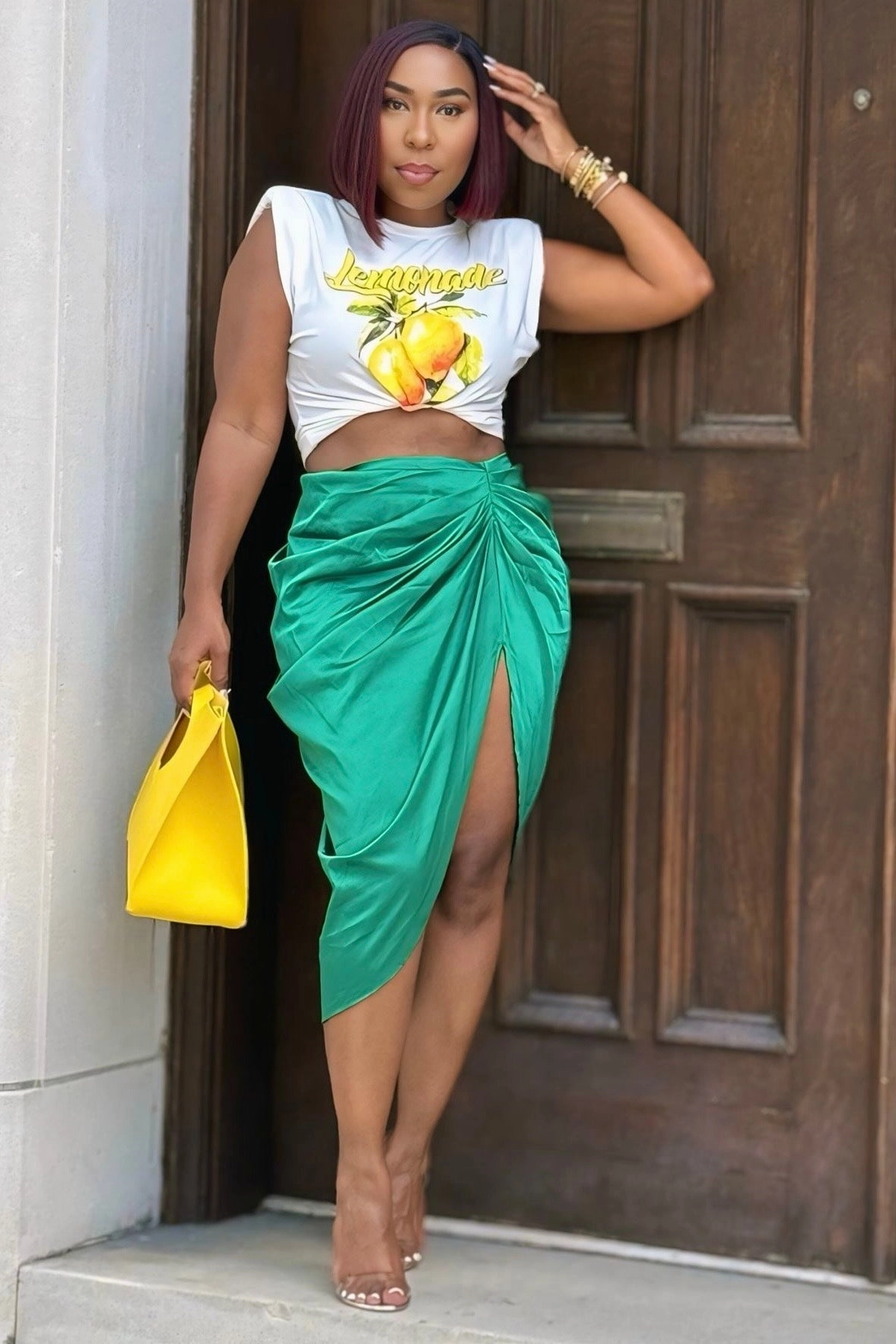 Perfect Layer Stretch Waist Laura Bustle Butt High Slit Midi Skirt-Green