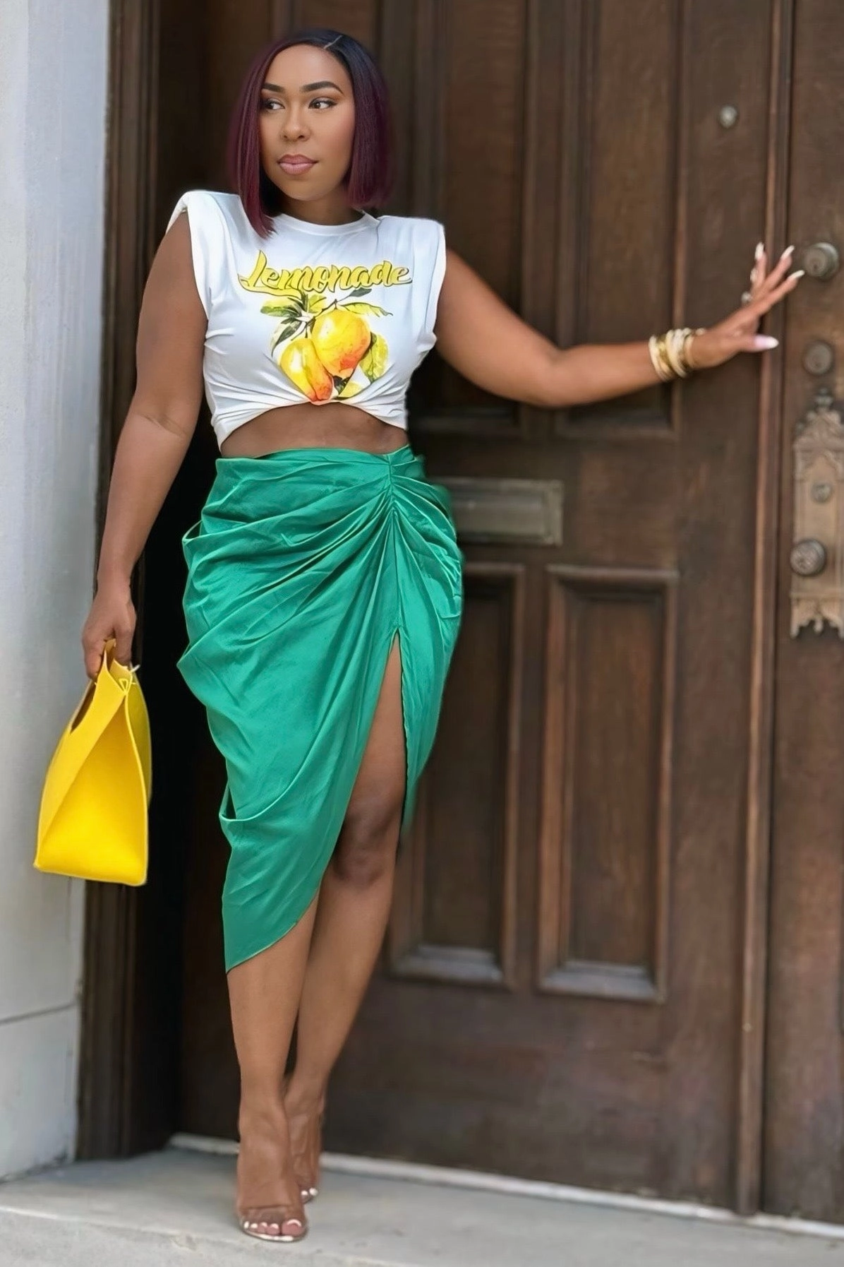 Laura Bustle Butt High Slit Midi Skirt-Green Sophisticated Look Contoured Panel Design