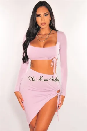 Lavender Square Neck Long Sleeve O-Ring Slit Two Piece Set