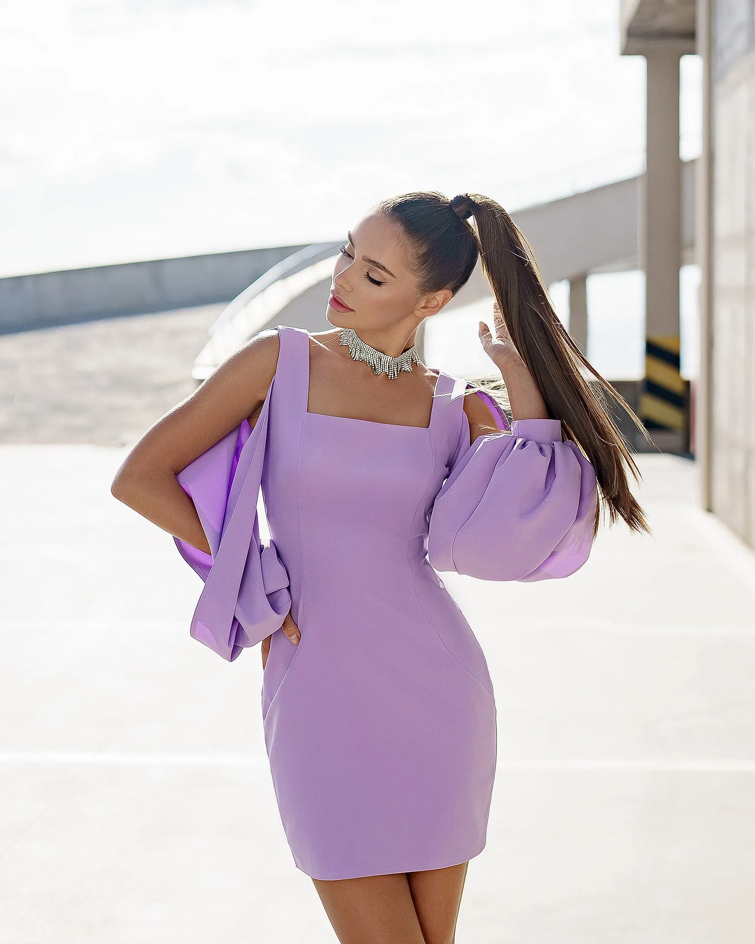 Lavender Square Neck Сut-Out Sleeve Mini Dress