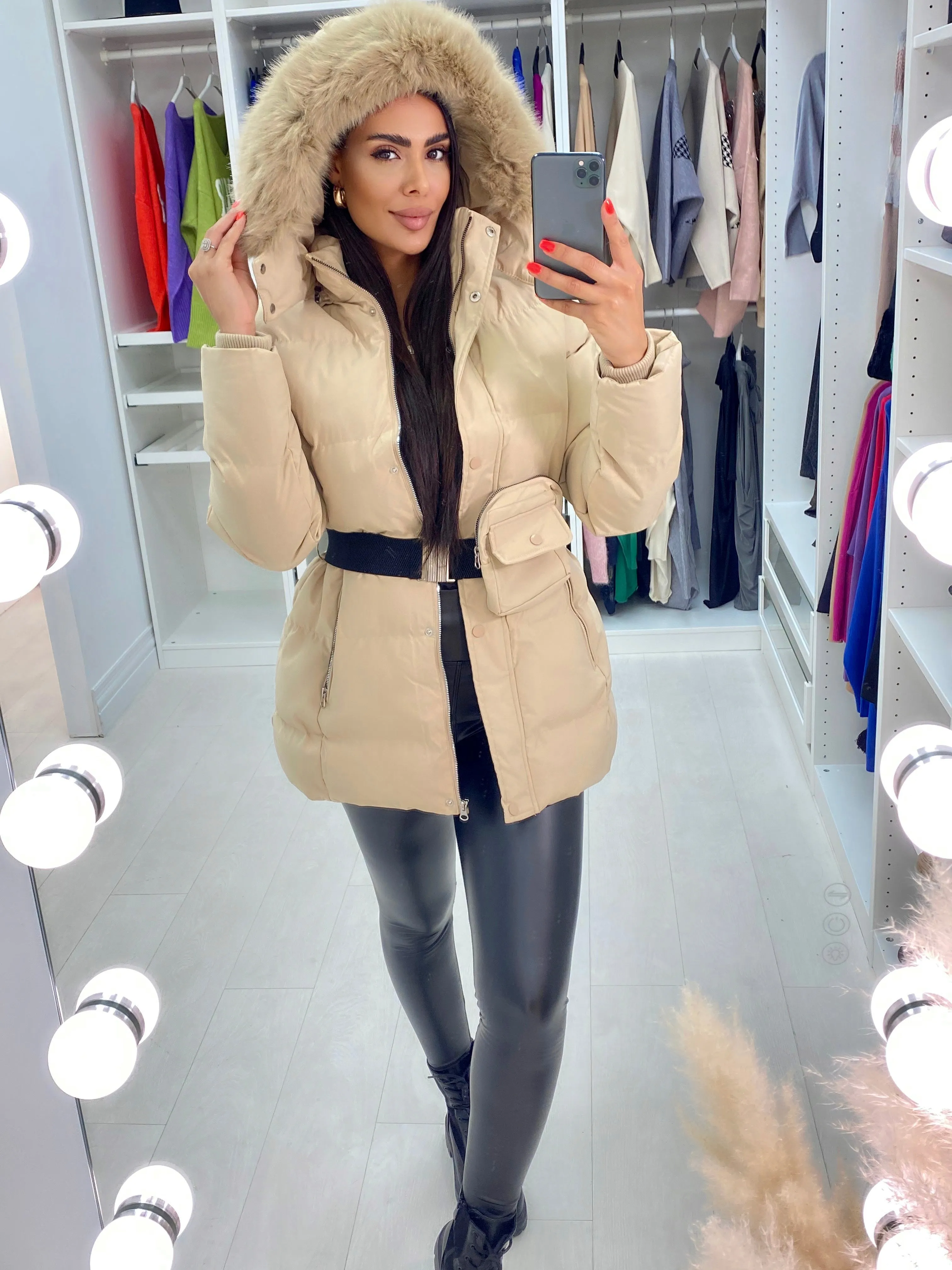 Layana Beige Hooded Fleece Puffer Coat