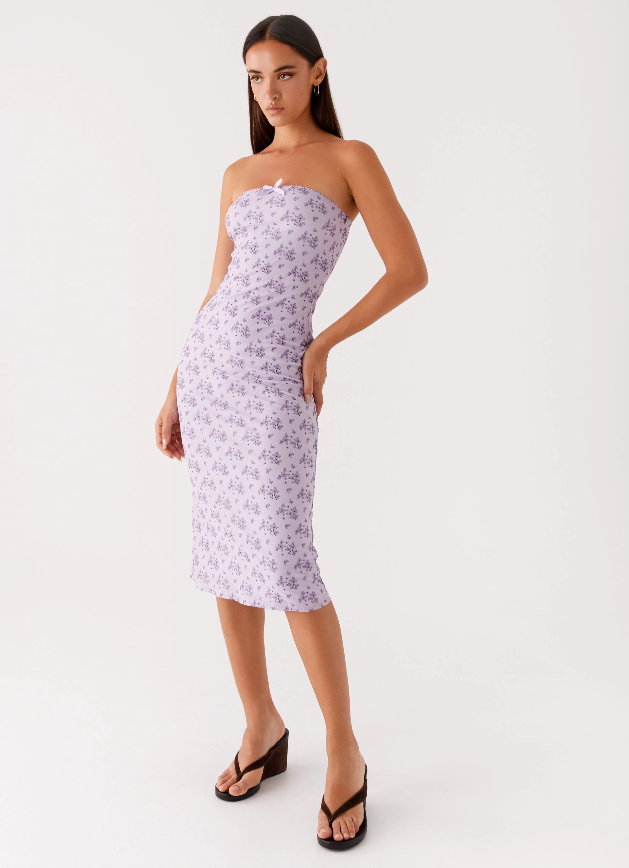 Keila Strapless Midi Dress - Lavender Meadow Smooth Lines Pearl-Detail
