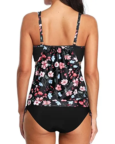 Layered Tankini Swimsuits For Women Blouson Tankini Swimsuits For Women-Black Floral