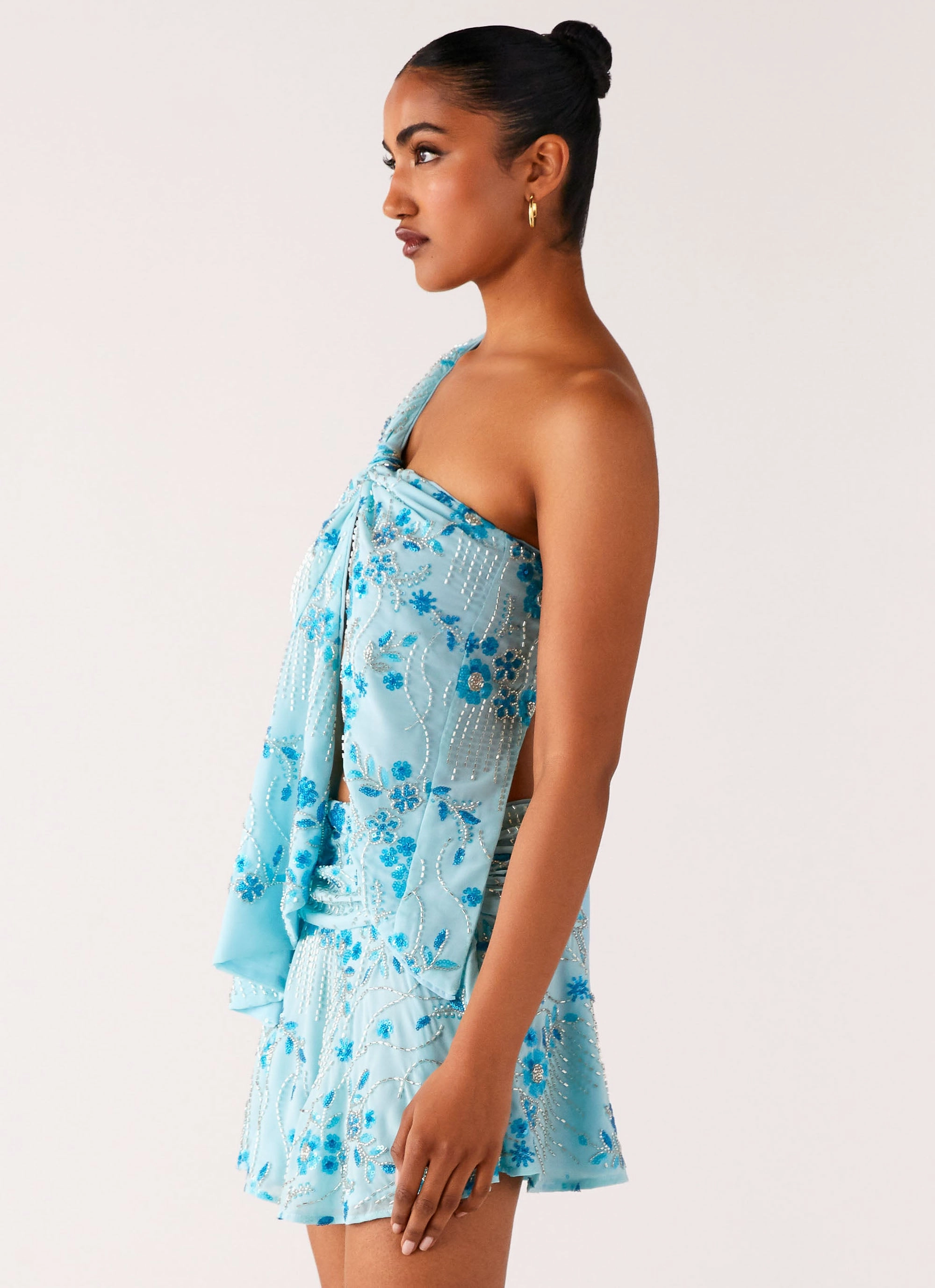 Delight Me Beaded Asymmetrical Top - Blue Structured Shoulder