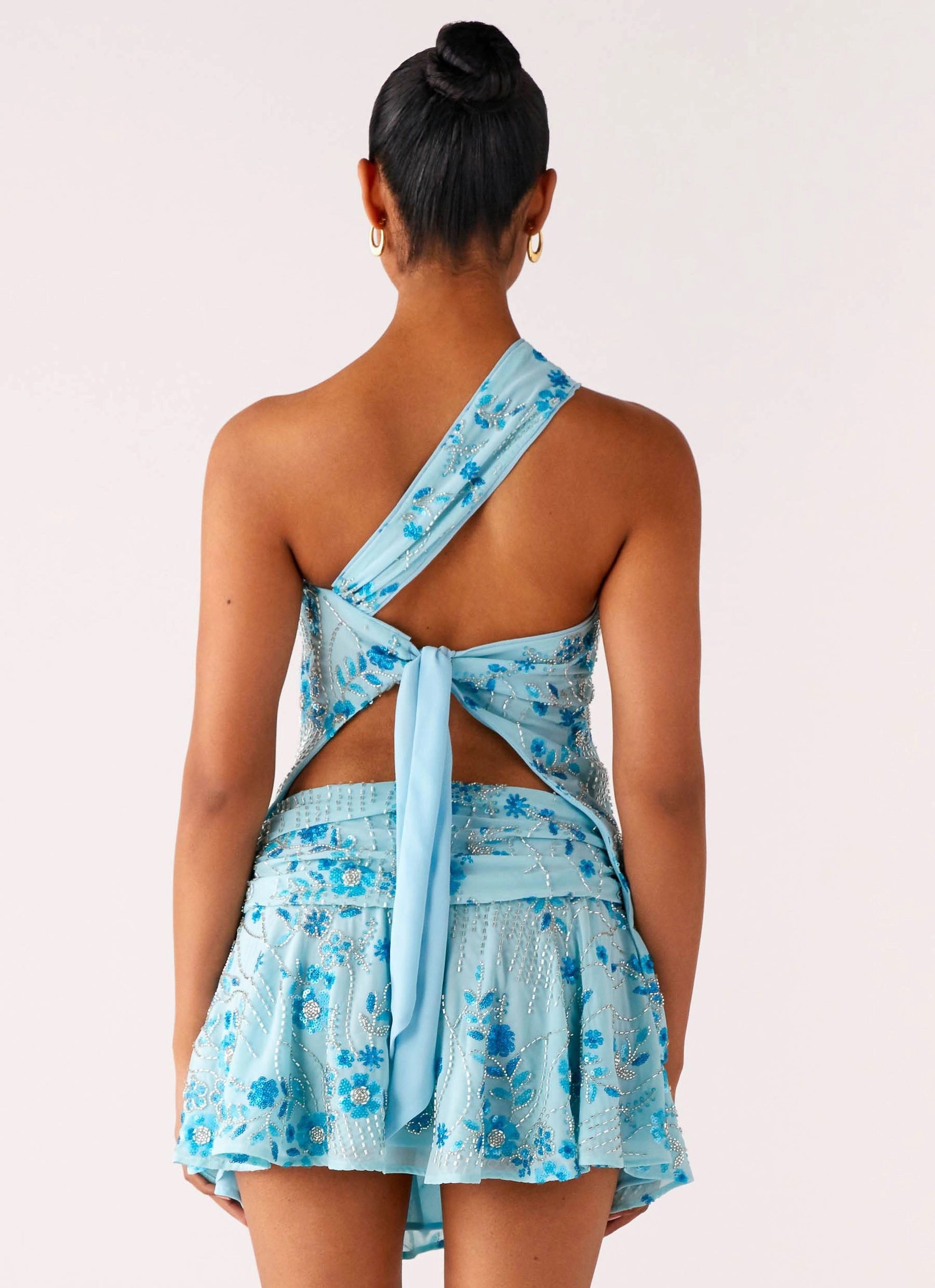 Hidden Zipper Pocket Delight Me Beaded Asymmetrical Top - Blue