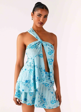 Layered Collar Structure Delight Me Beaded Asymmetrical Top - Blue Sporty Hoodie Delight Me Beaded Asymmetrical Top - Blue