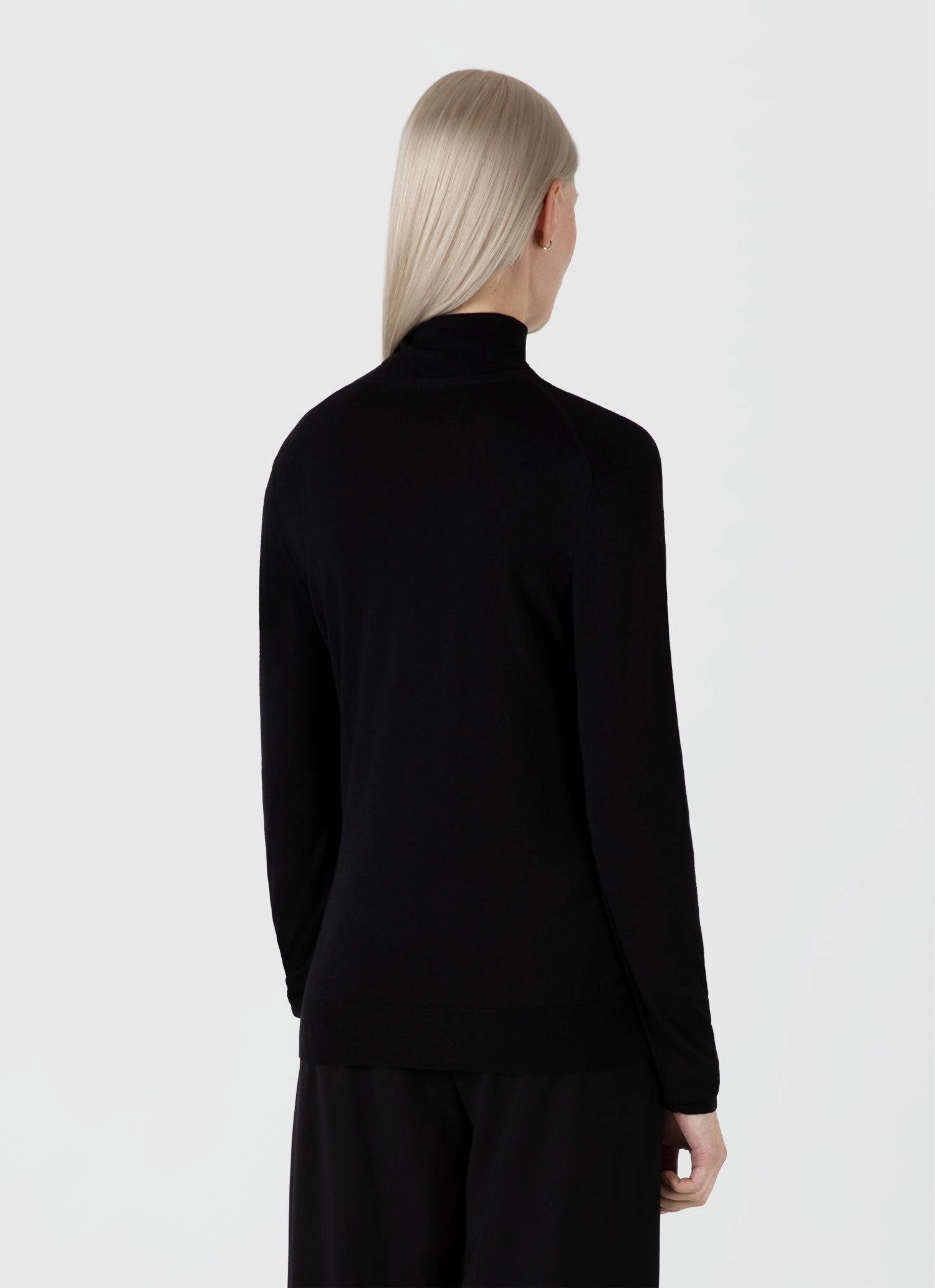 Women's Merino Silk Roll Neck Jumper in Black Perfect Layer Minimal Vibe