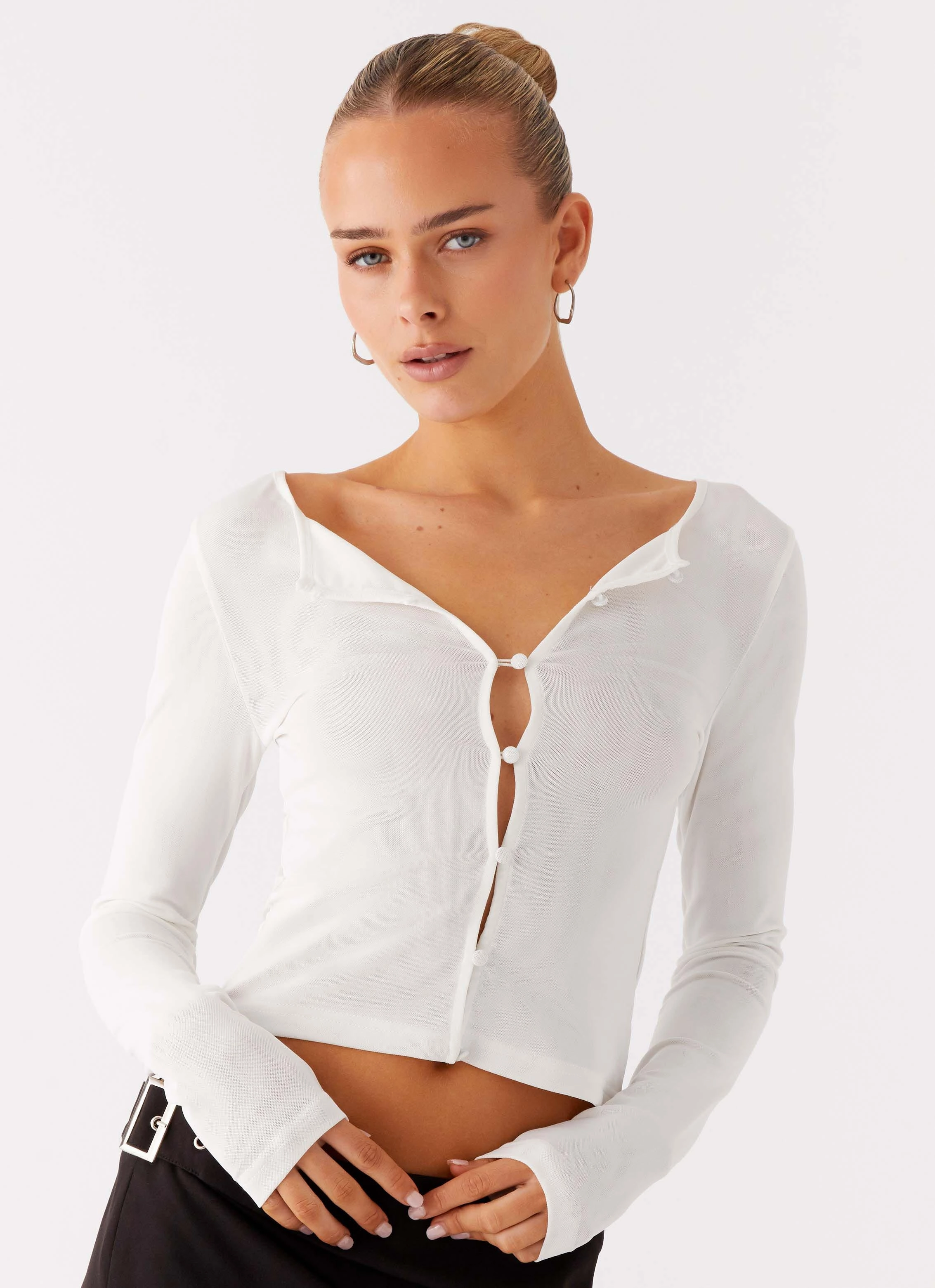 Fifth Ave Mesh Long Sleeve Top - Off White AntiOdorTechnology Fun Design