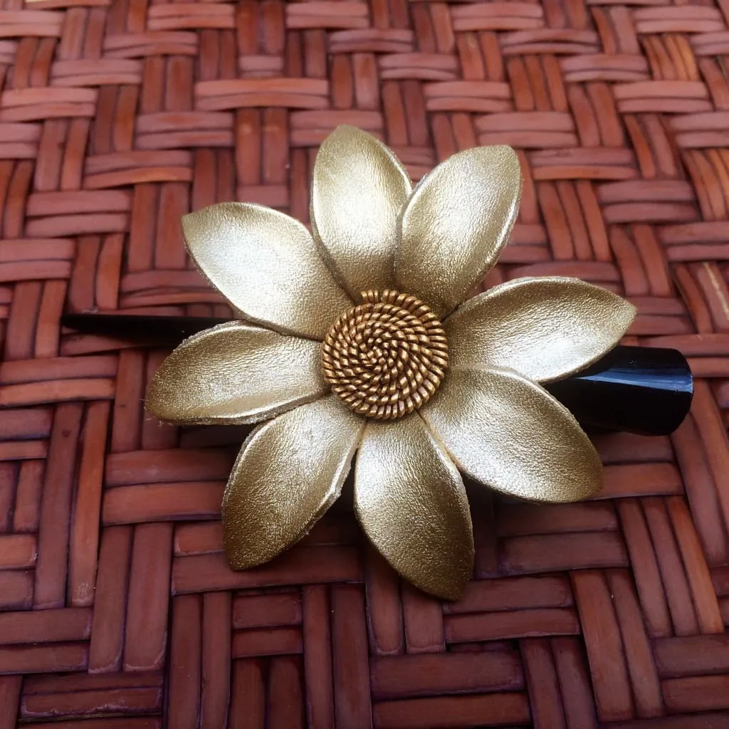 Leather Flower Hair Clip - Silver and Gold Daisy