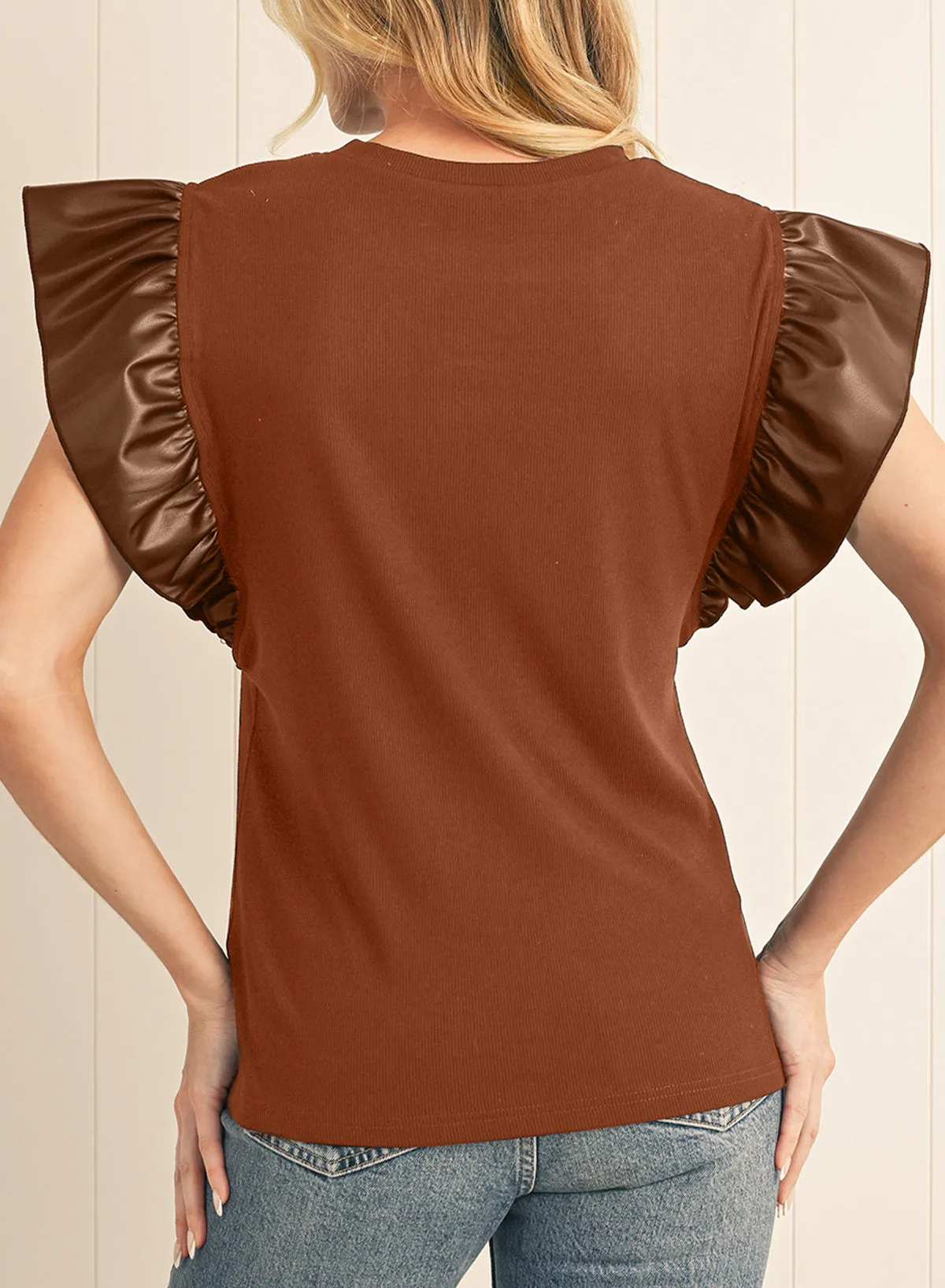 Leather Ruffle Shoulder Plain Blouse