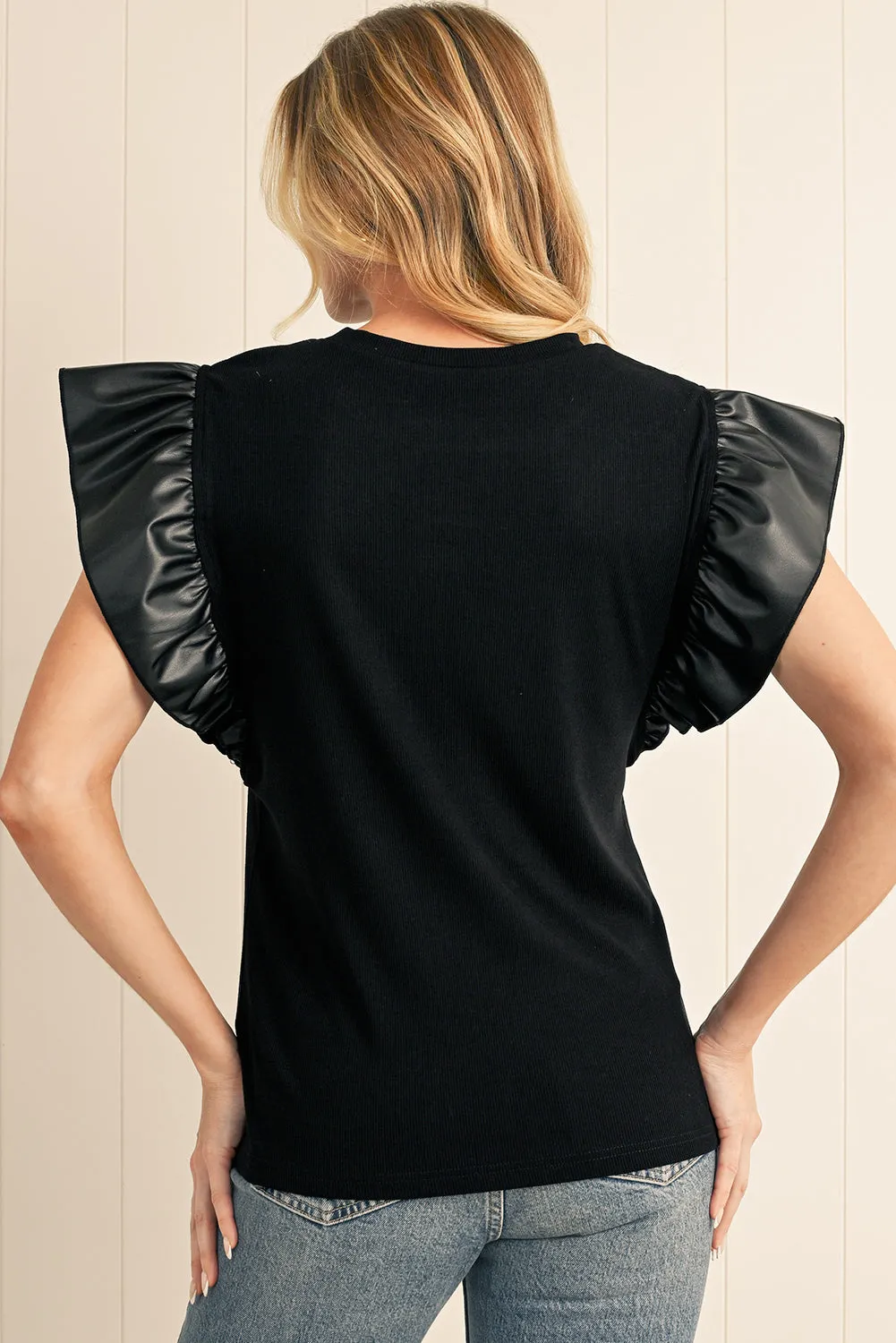 Leather Ruffle Shoulder Plain Blouse