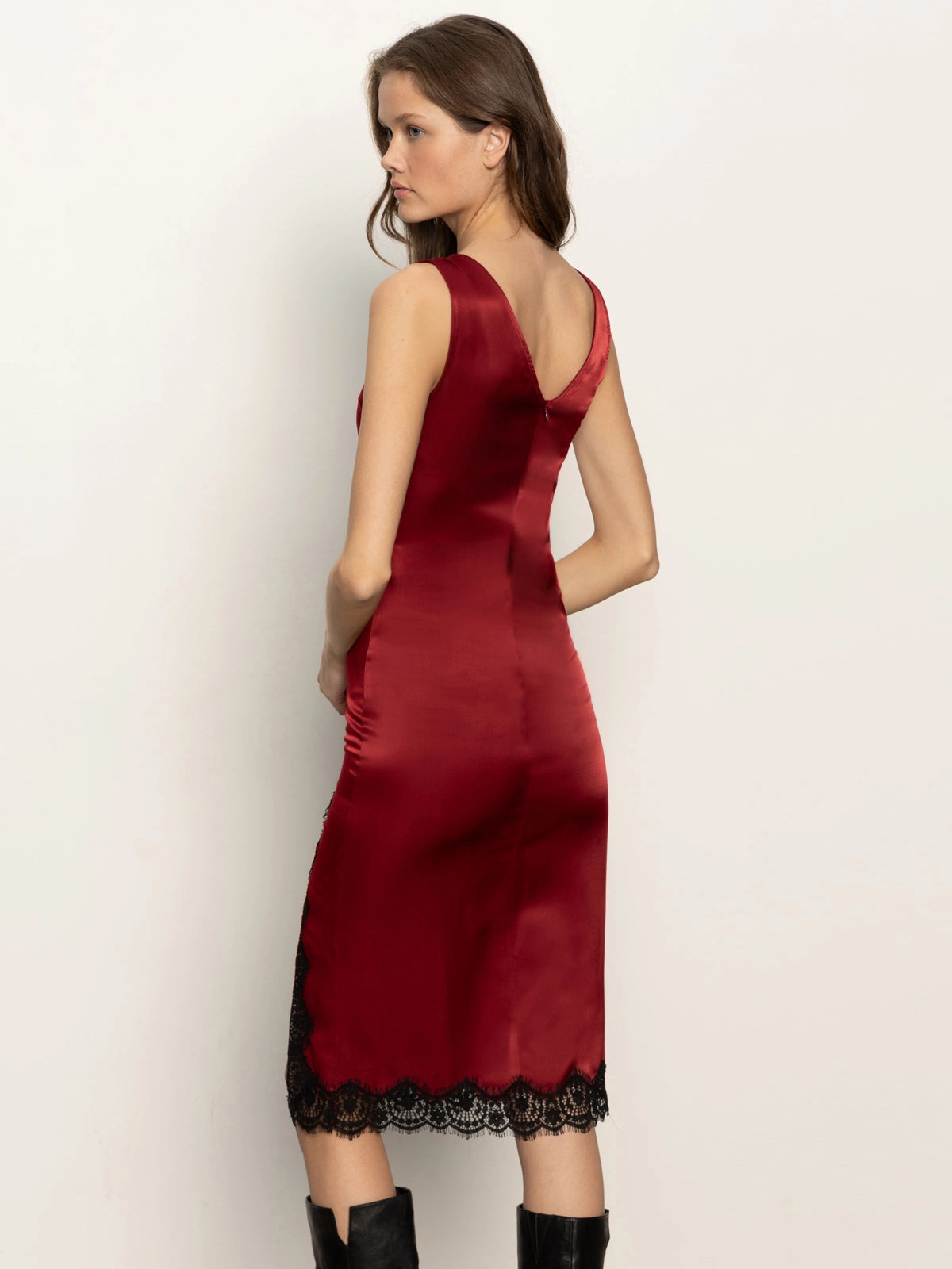 Clasp-Closure Revenge Midi Satin Dress Crimson